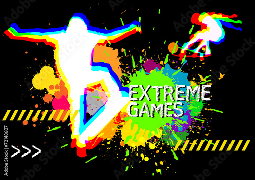extreme sports skateboarder show on splatter color background