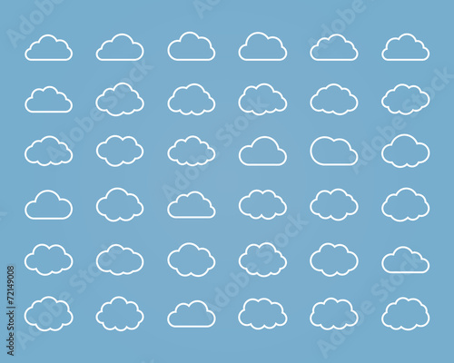 Big vector set of thirty-six white line cloud  shapes