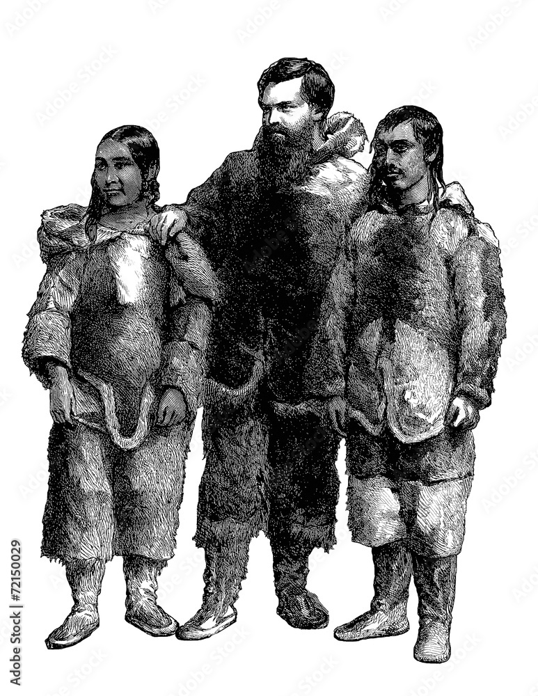 Inuit Pair & Polar Explorer - end 19th century Stock Illustration ...