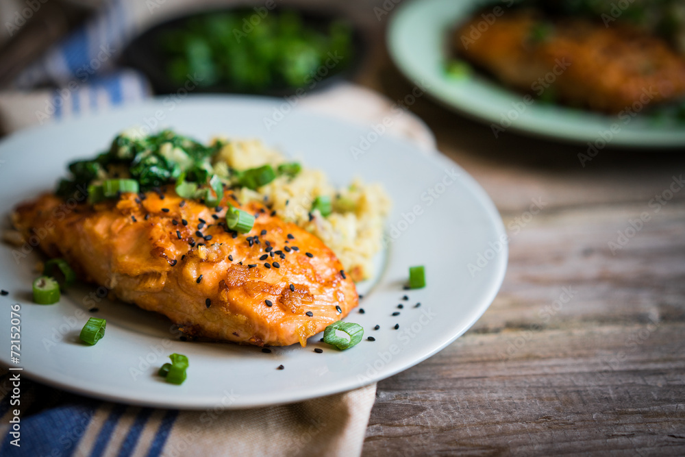 Salmon steak with mashed potatoes and greens Salmon steak with mashed potatoes and greens