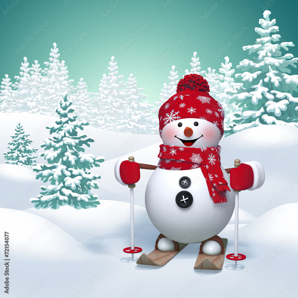 3d funny snowman skiing, winter nature background