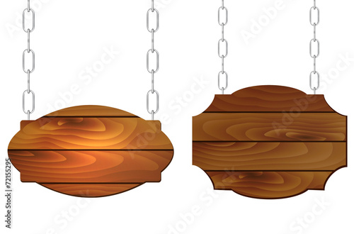 Hanging wooden signs on metal chain with place for text