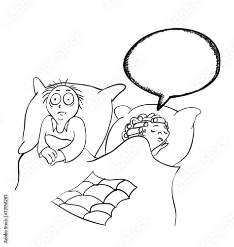 Man and woman in the bedroom with speech bubble