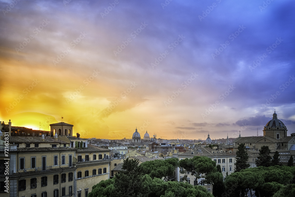 Sunset over the rooftops of Rome