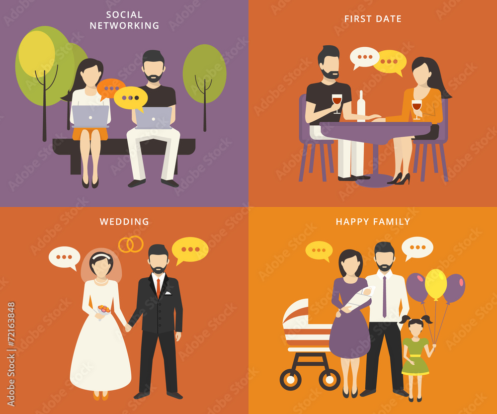 Family with children concept flat icons set Family with children concept flat icons set