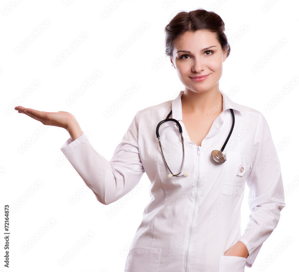 Beautiful female doctor holding something on her hands Beautiful female doctor holding something on her hands