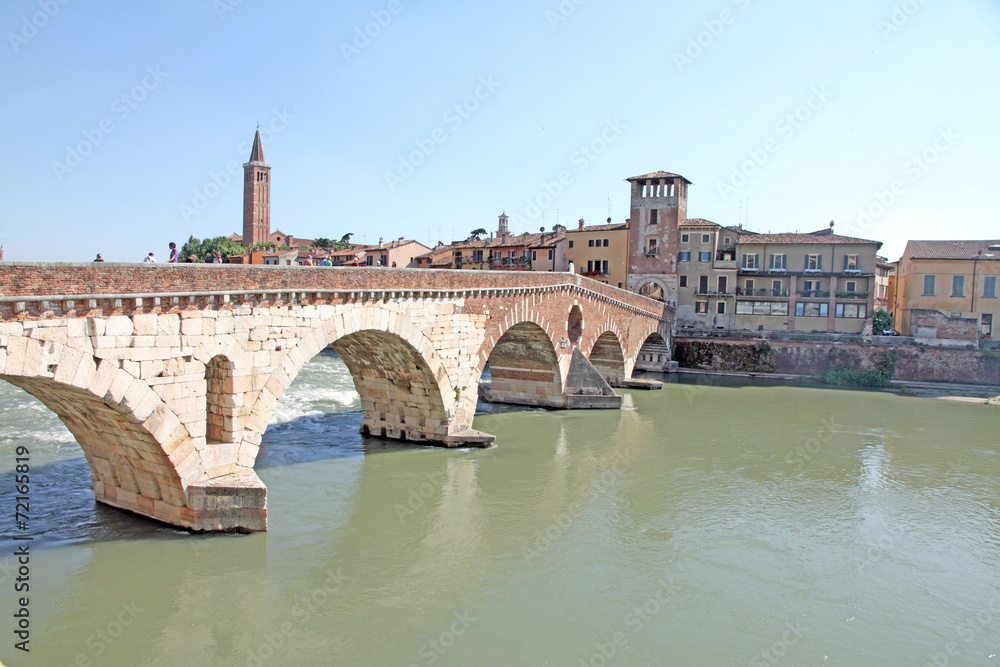 Ponte Pietra Bridge over the Etsch-River Verona Veneto Italy