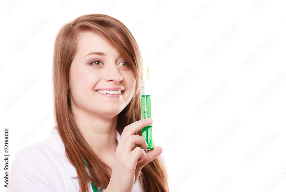 Medical. Woman doctor in lab coat with syringe Medical. Woman doctor in lab coat with syringe