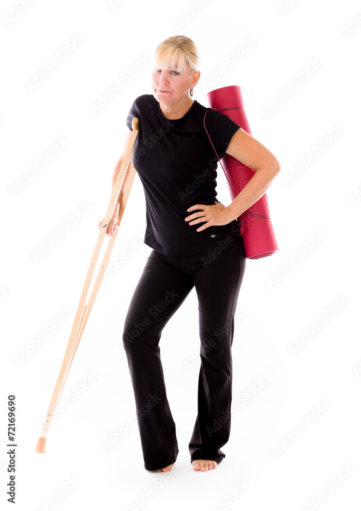 model isolated on white injured with crutch model isolated on white injured with crutch