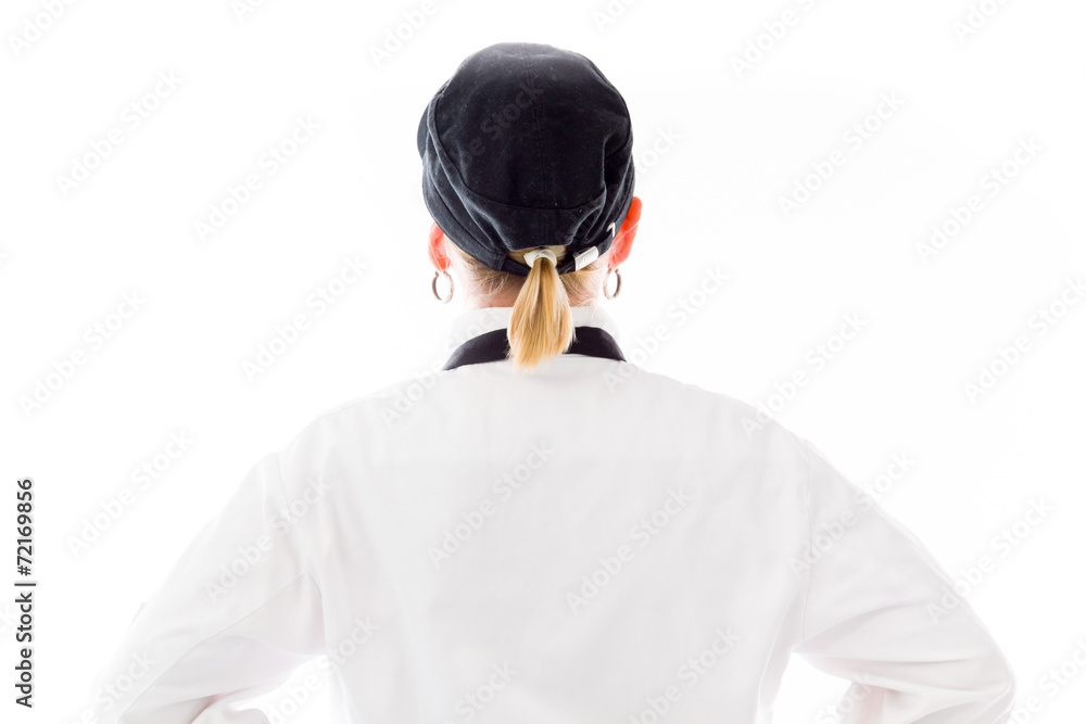 model isolated on plain background back hands on hips model isolated on plain background back hands on hips