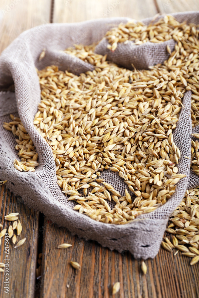 Oat on sackcloth on wooden background Oat on sackcloth on wooden background