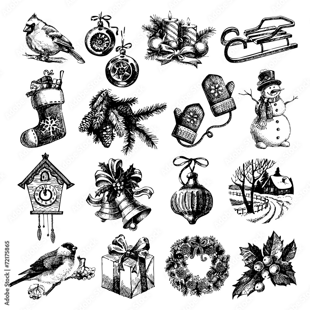 Obraz premium Hand drawn sketch Merry Christmas and Happy New Year set.