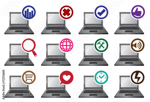 Round Icons and Laptops Vector Illustration