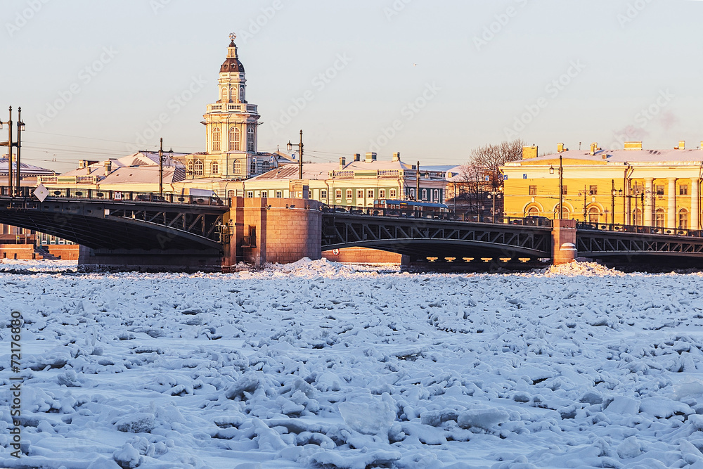 Vasilyevsky island and palace bridge early winter morning in St.