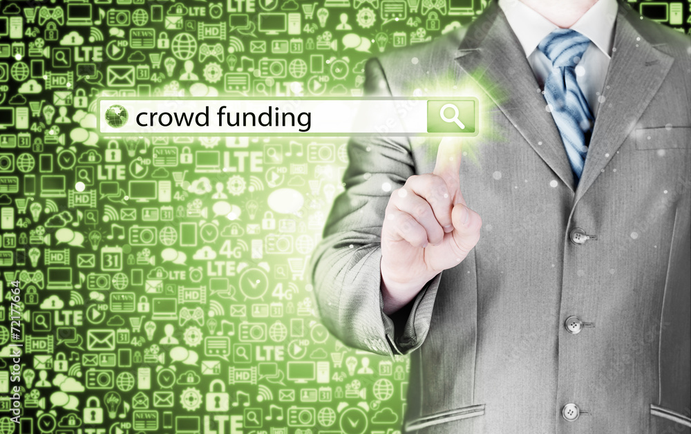Businessman and crowd funding in search bar Businessman and crowd funding in search bar