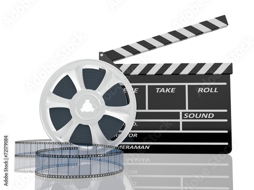 3d illustration of cinema clap and film reel