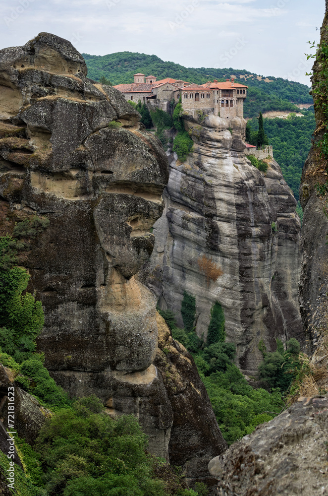 Rocks and monastery on top in Meteora, Greece