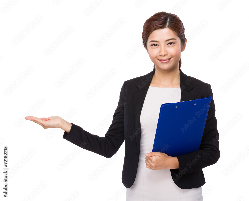 Business woman with folder and hand show with blank sign Business woman with folder and hand show with blank sign