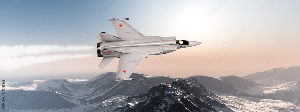 Kampfjet im Vorbeiflug über einem Gebirge - obrazy, fototapety, plakaty 