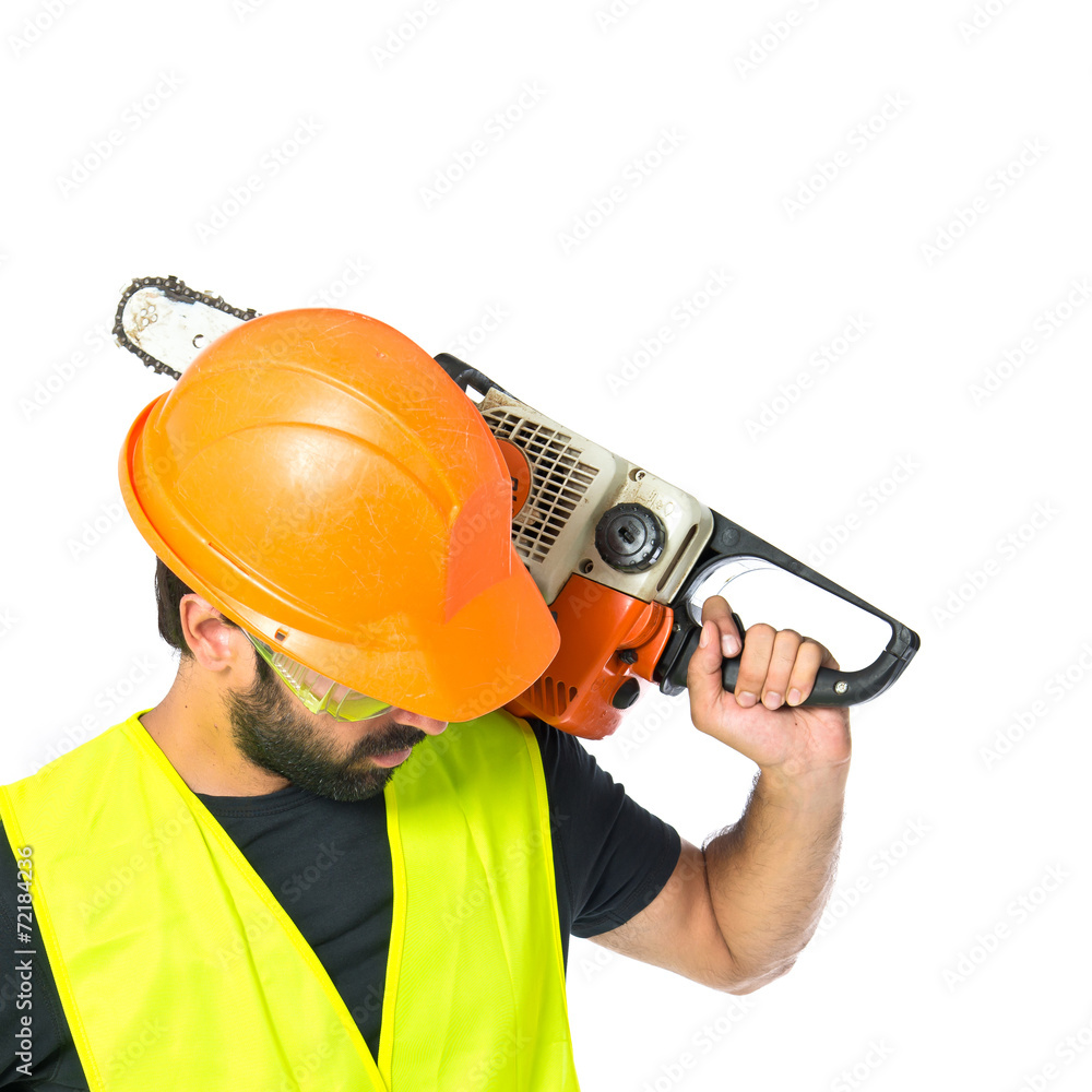 Workman with chainsaw over white background Workman with chainsaw over white background