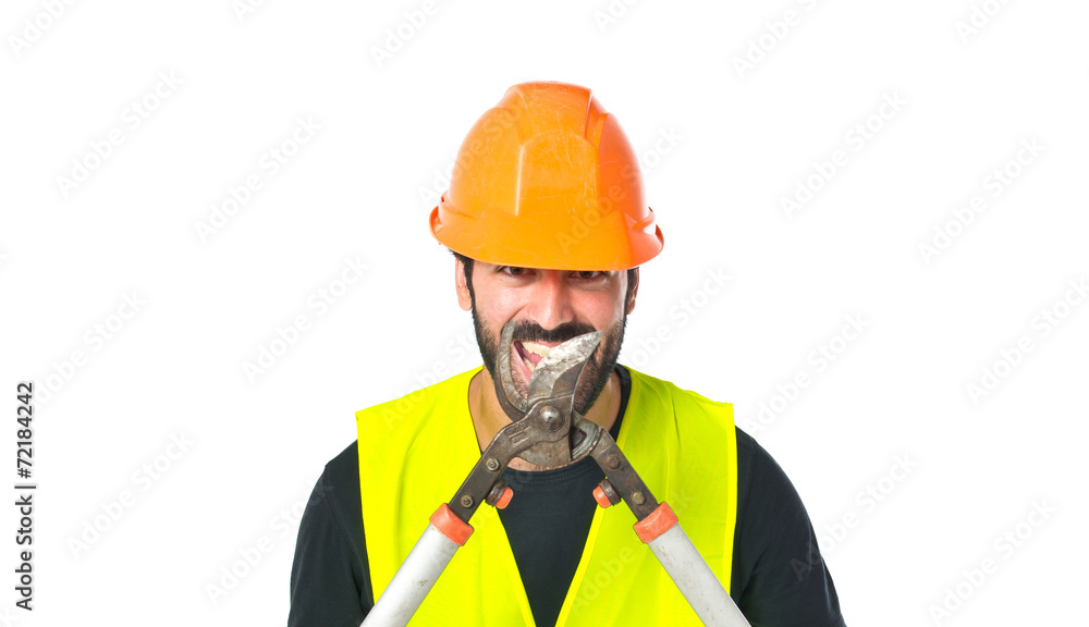 Workman with scissors mower over white background Workman with scissors mower over white background