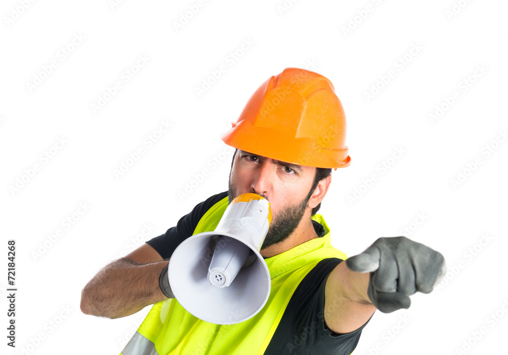 Workman shouting over isolated white background Workman shouting over isolated white background