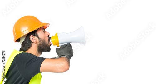 Workman shouting over isolated white background