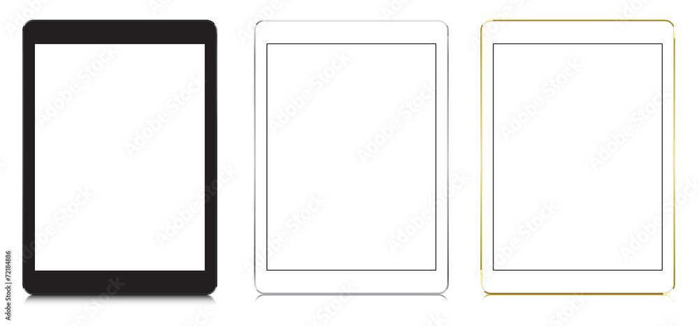 tablets in black, white and gold color with blank screen. tablets in black, white and gold color with blank screen.
