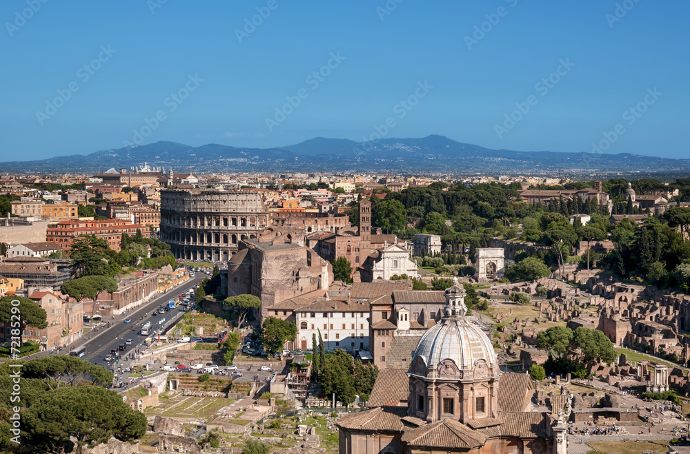 Ariel view of Rome: including the Colosseum and Roman Forum..