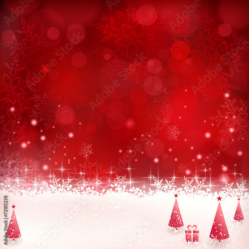 Red Christmas background with snowflakes, stars and Christmas tr
