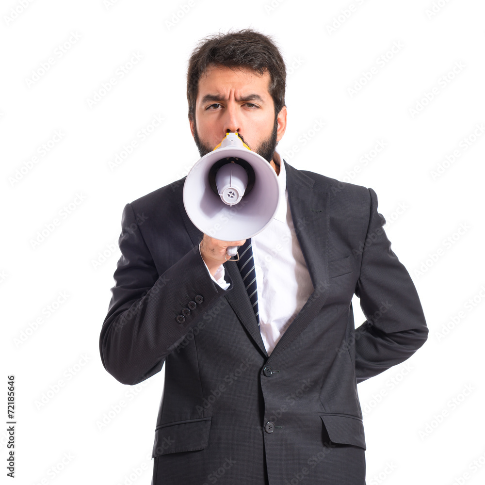 Businessman shouting over isolated white background Businessman shouting over isolated white background