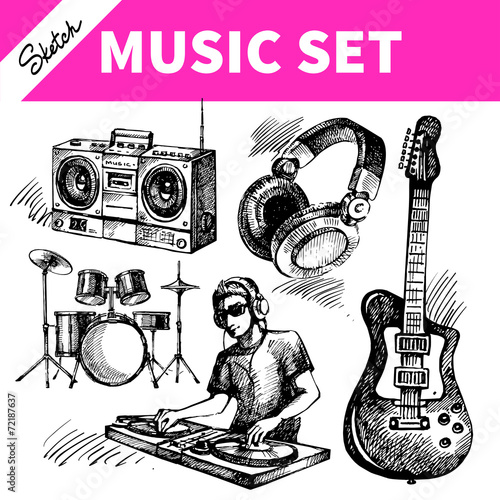 Sketch music set. Hand drawn vector illustrations of Dj icons