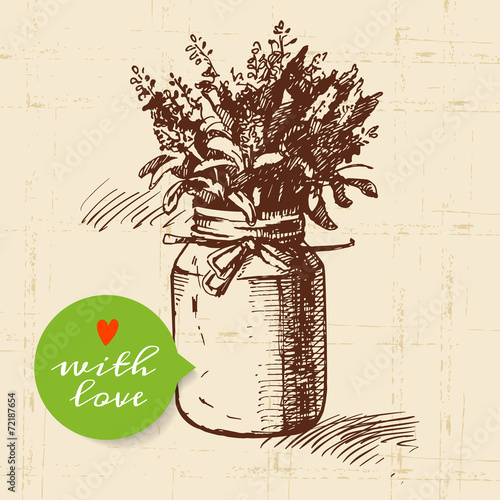 Rustic mason canning jar. Vintage hand drawn sketch design.