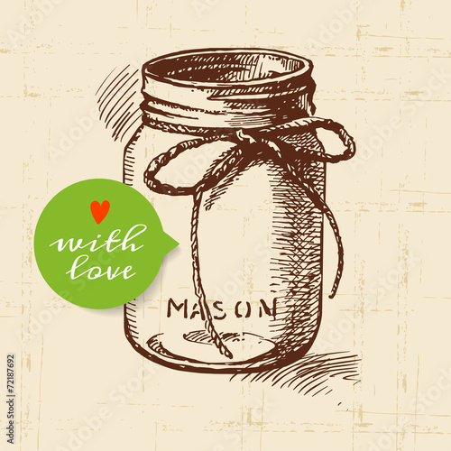 Rustic mason canning jar. Vintage hand drawn sketch design.