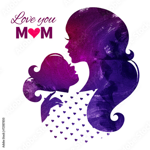 Card of Happy Mothers Day. Beautiful mother silhouette