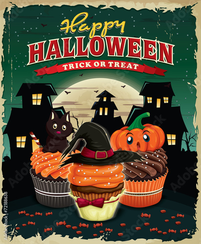Vintage Halloween poster design with cupcakes