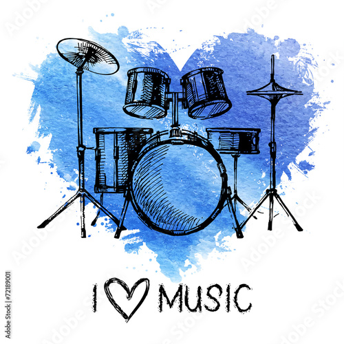Music background with splash watercolor heart and sketch.