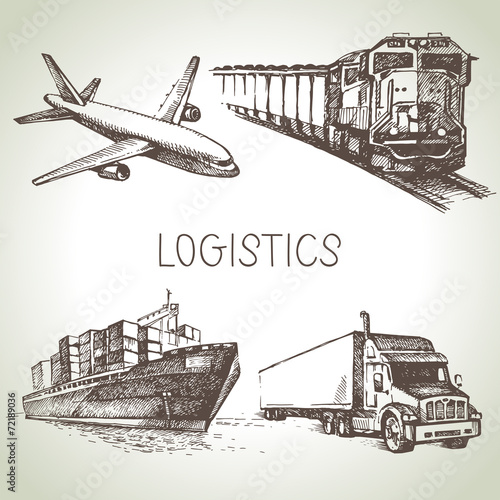 Hand drawn logistics and delivery sketch icons set.