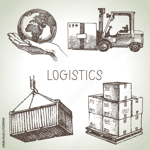 Hand drawn logistics and delivery sketch icons set.