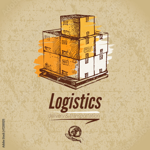 Sketch logistics and delivery poster. Cardboard background