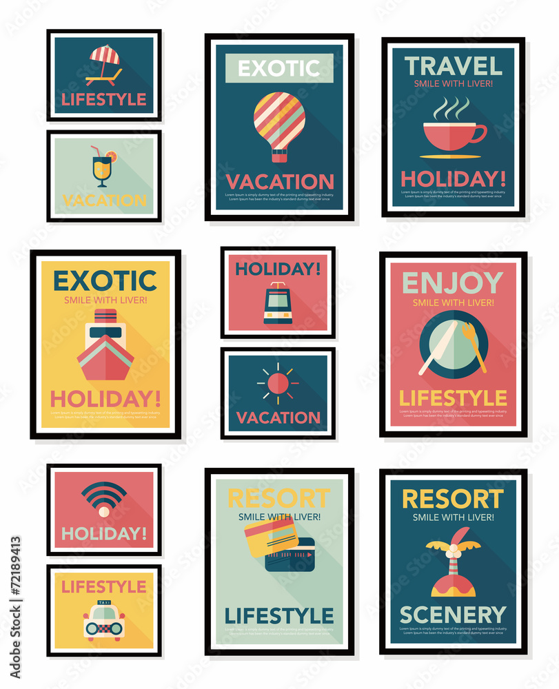 Travel poster banner design flat background set, eps10