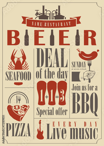 pub menu with different dishes and glasses of beer