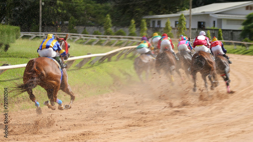 A racehorse and jockey in a horse race photo