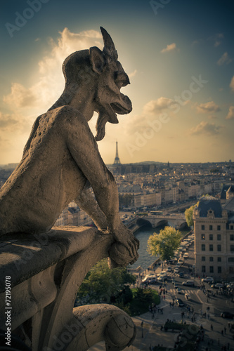 Ominous Notre Dame gargoyle over Paris