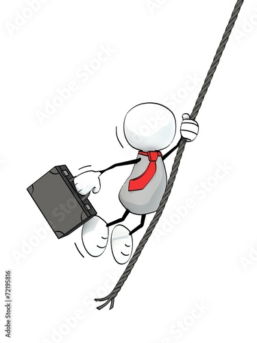 little sketchy man with tie and briefcase swinging with rope