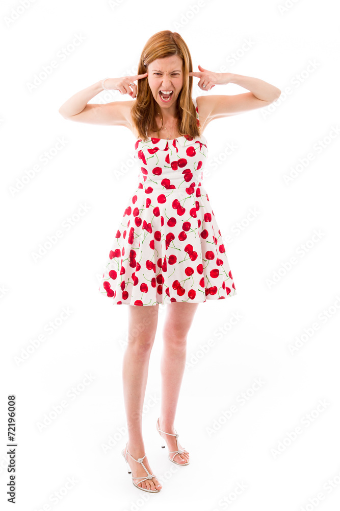 model isolated on plain background plugging ears with fingers