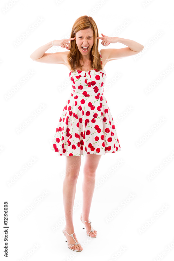 model isolated on plain background plugging ears with fingers model isolated on plain background plugging ears with fingers