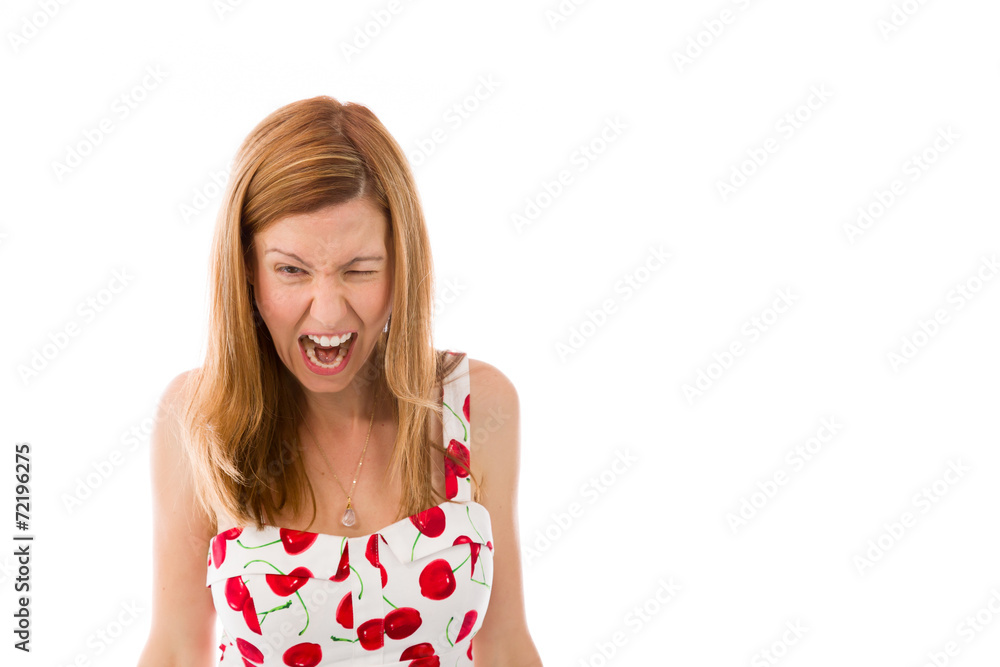 model isolated on plain background furious screaming model isolated on plain background furious screaming