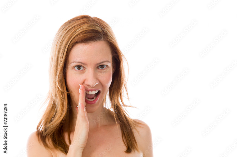 model isolated on plain background calling shouting model isolated on plain background calling shouting