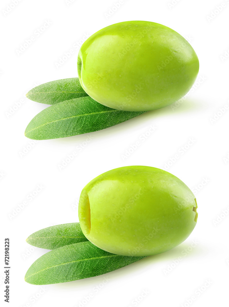 Isolated olive. Pitted and whole green olives over white background, with clipping path Isolated olive. Pitted and whole green olives over white background, with clipping path